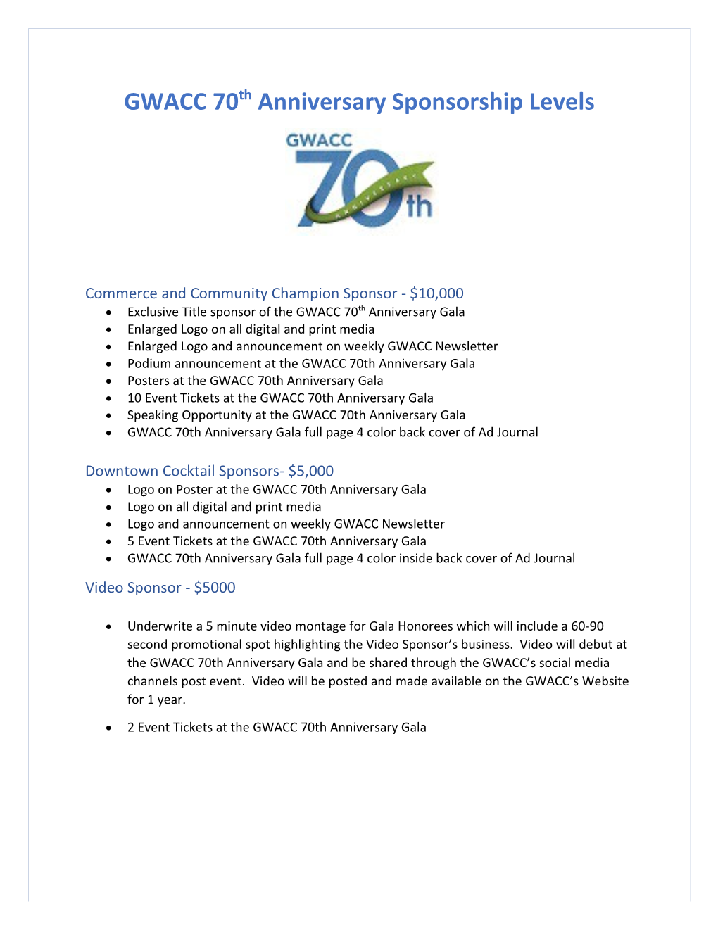 GWACC 70Th Anniversary Sponsorship Levels