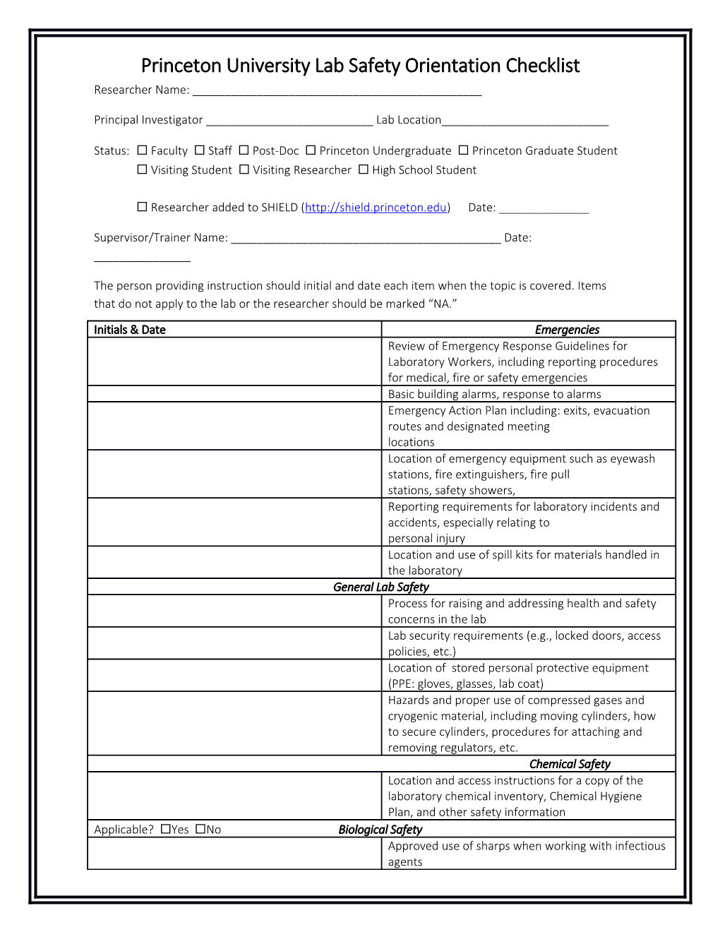 Lab Safety Orientation Checklist