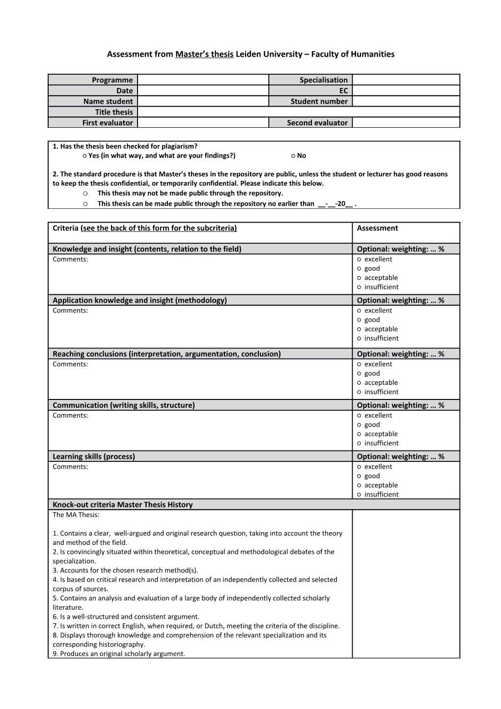 Assessment from Master S Thesis Leiden University Faculty of Humanities