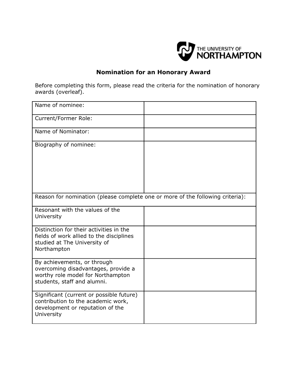 Honorary Awards Nomination Form