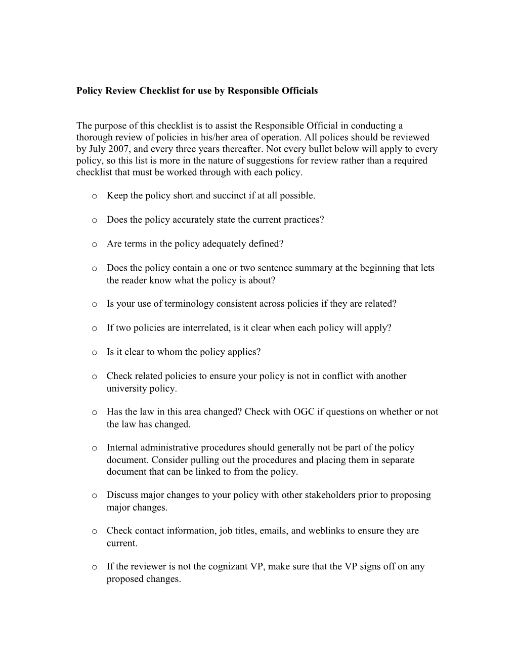 Policy Review Checklist for Use by Responsible Officials