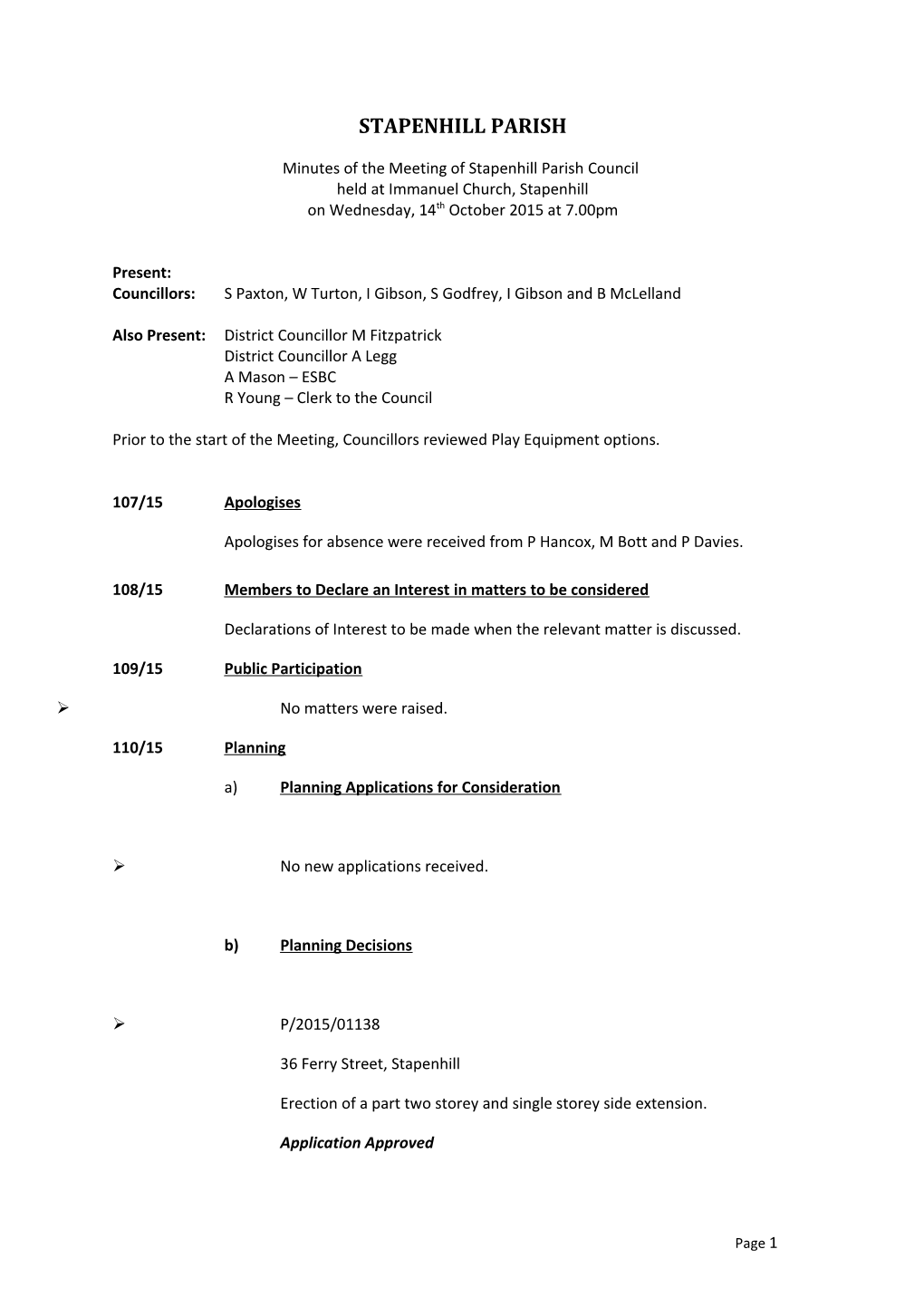 Minutes of the Meeting of Stapenhill Parish Council