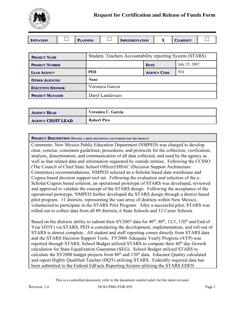 Request for Certification and Release of Funds Form s7