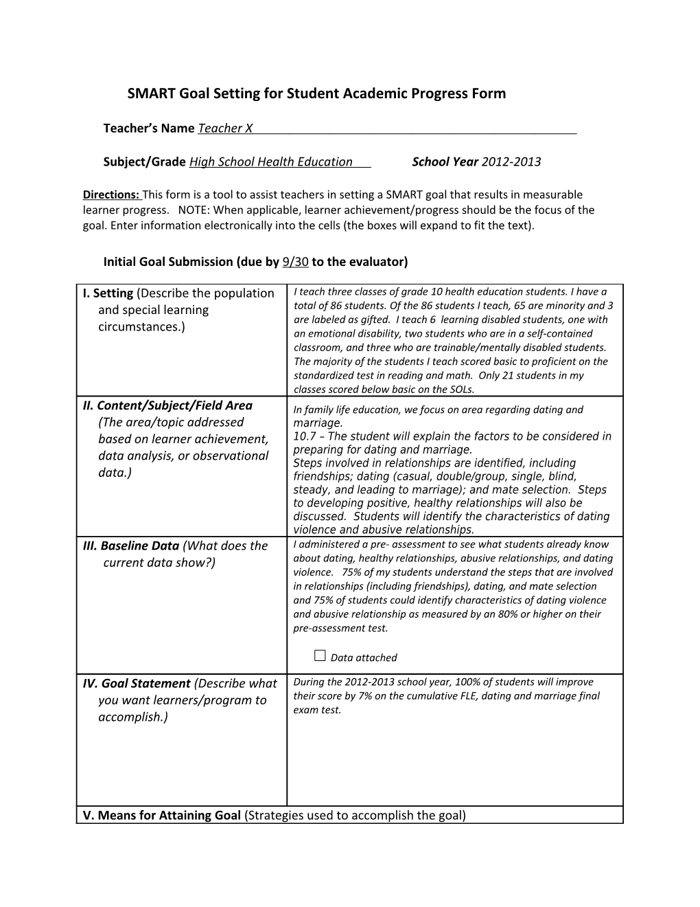 SMART Goal Setting for Student Academic Progress Form