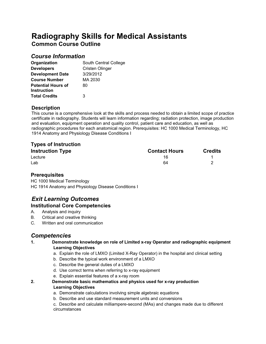 Radiography Skills for Medical Assistants Common Course Outline