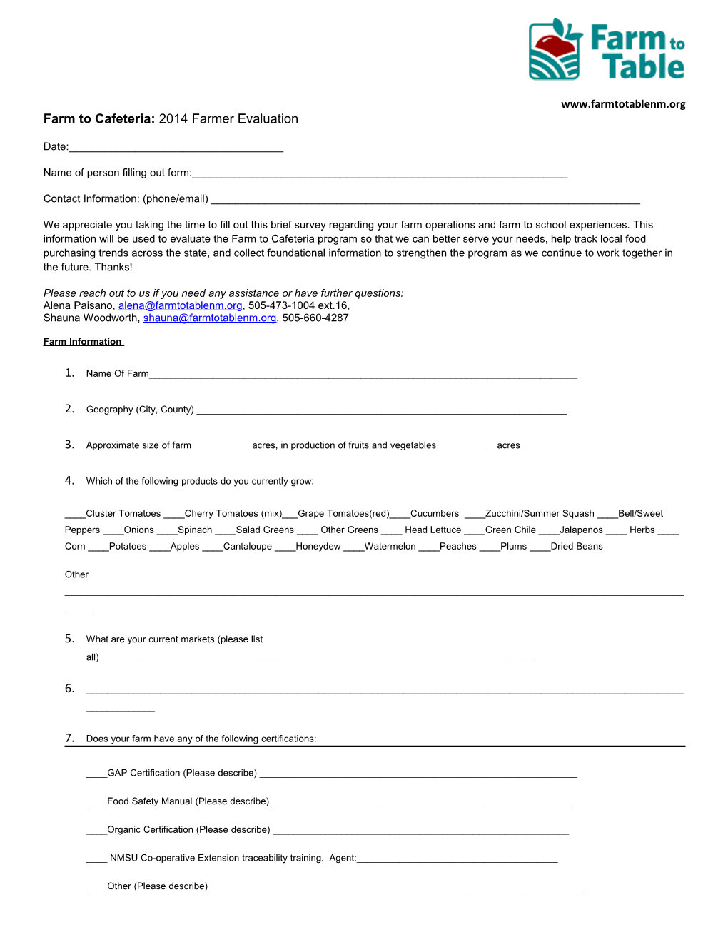 Farm to Cafeteria: 2014Farmer Evaluation