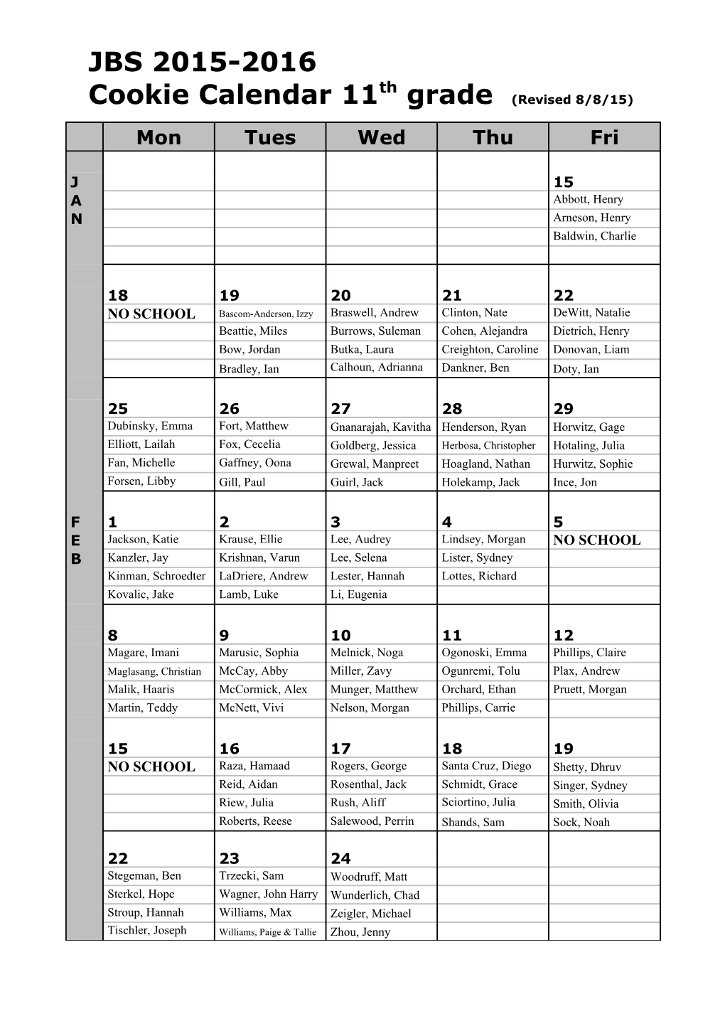 Cookie Calendar 11Th Grade (Revised 8/8/15)