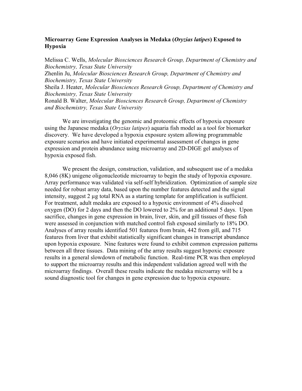 Microarray Gene Expression Analyses in Medaka (Oryzias Latipes) Exposed to Hypoxia