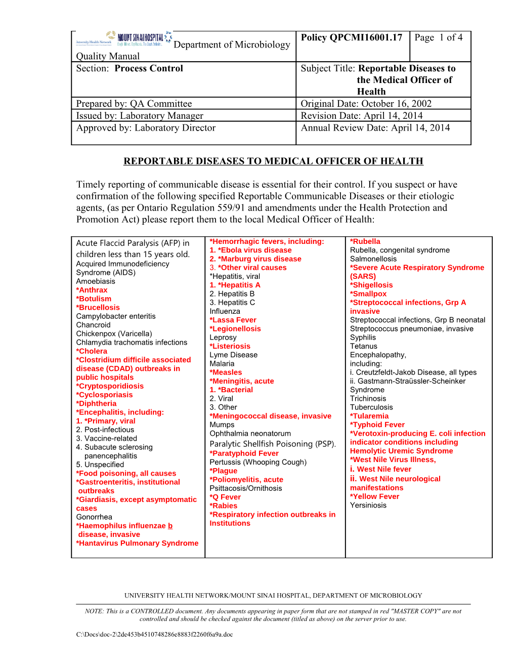 TML/MSH Department of Microbiology Laboratory Policy & Procedure Manual