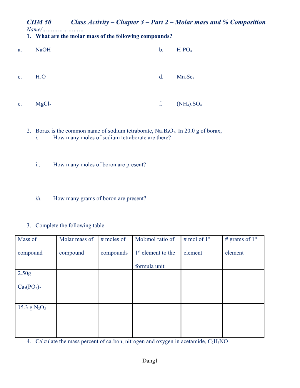 CHM 50 Class Activity Chapter 3 Part 2 Molar Mass and % Composition s1