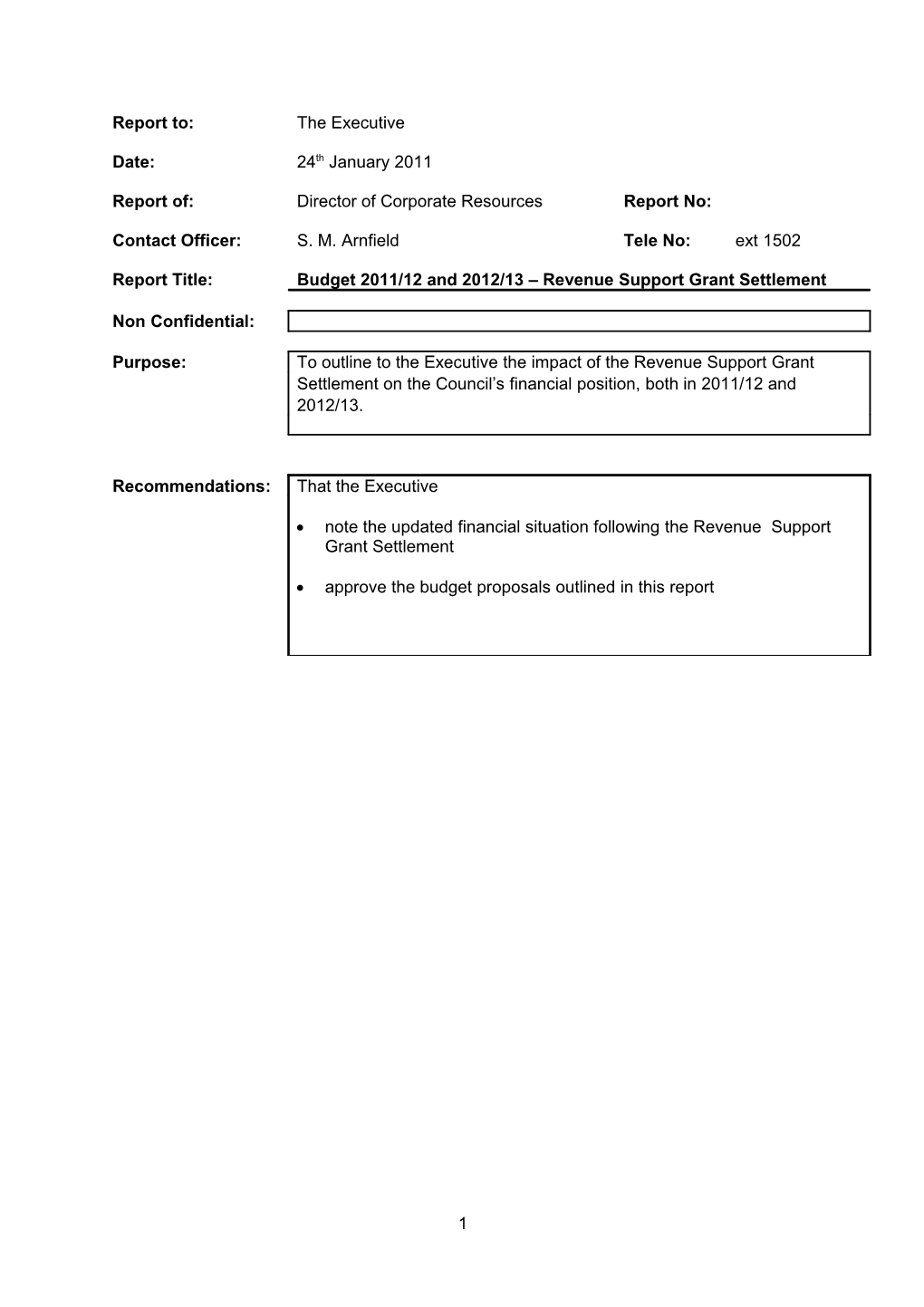 Budget 2011/12 and 2012/13 Revenue Support Grant Settlement