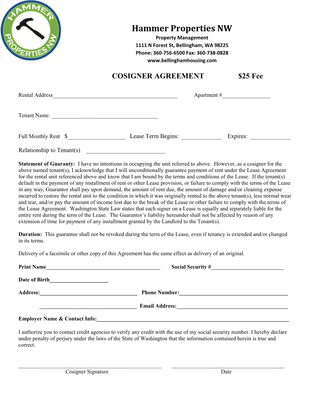 COSIGNER AGREEMENT $25 Fee