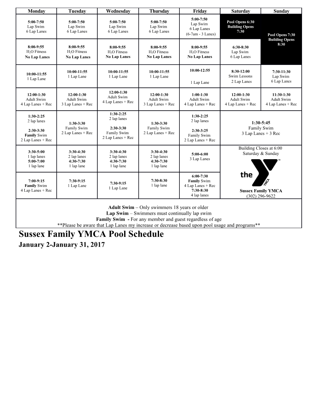 Sussex Family YMCA Pool Schedule January 2-January 31, 2017