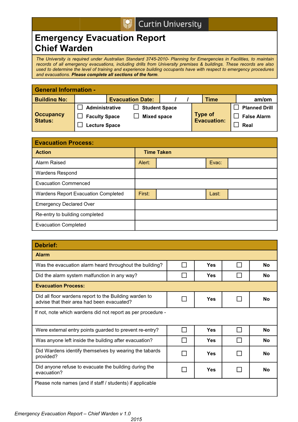 Emergency Evacuation Report Chief Warden V 1.0 2015