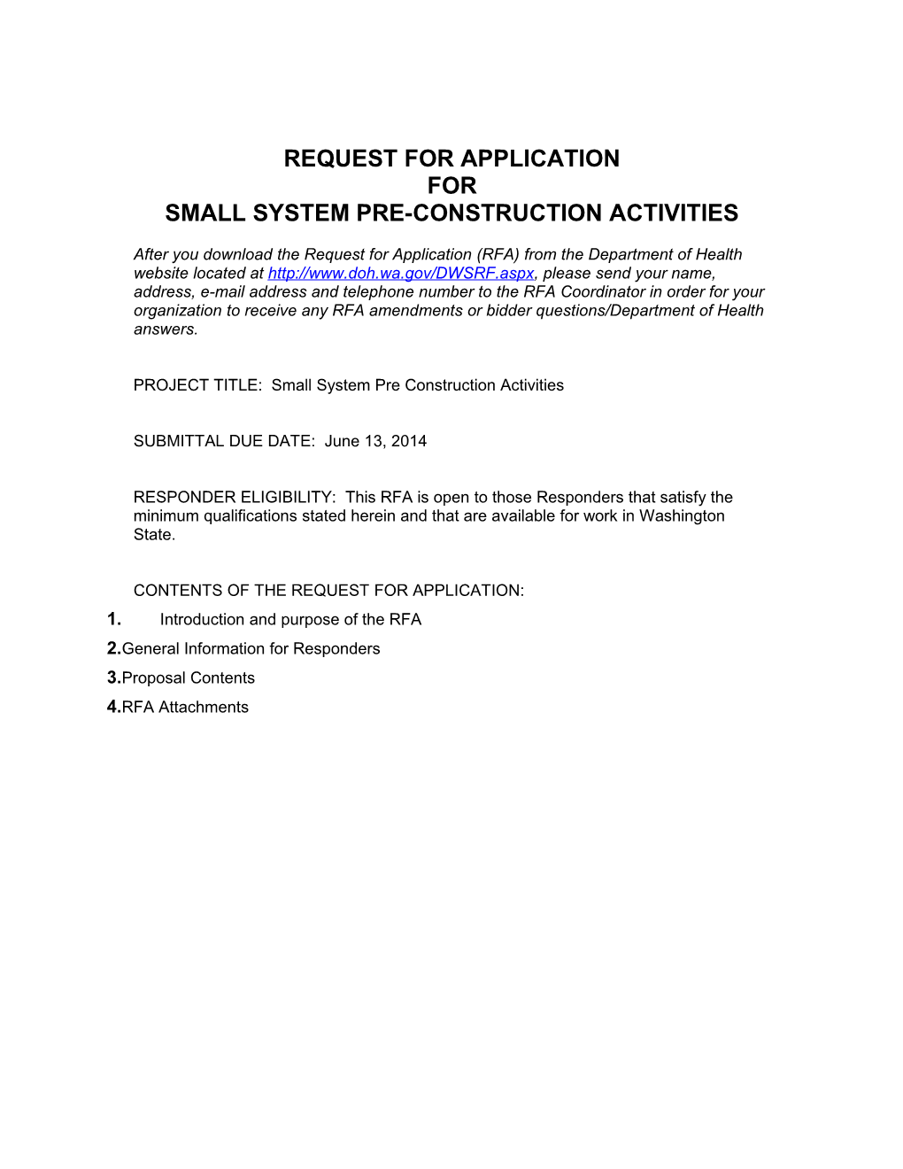 Department of Health 2014 Pre-Construction Grant Program