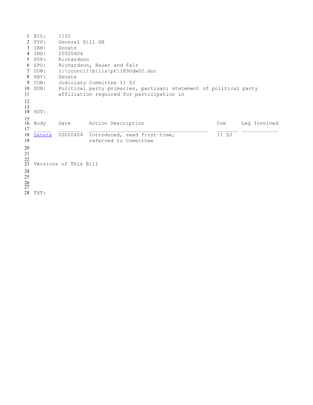 2001-2002 Bill 1192: Political Party Primaries, Partisan; Statement of Political Party