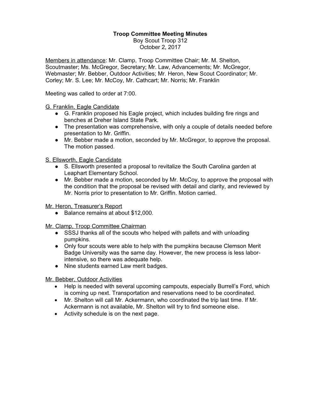 Troop Committee Meeting Minutes