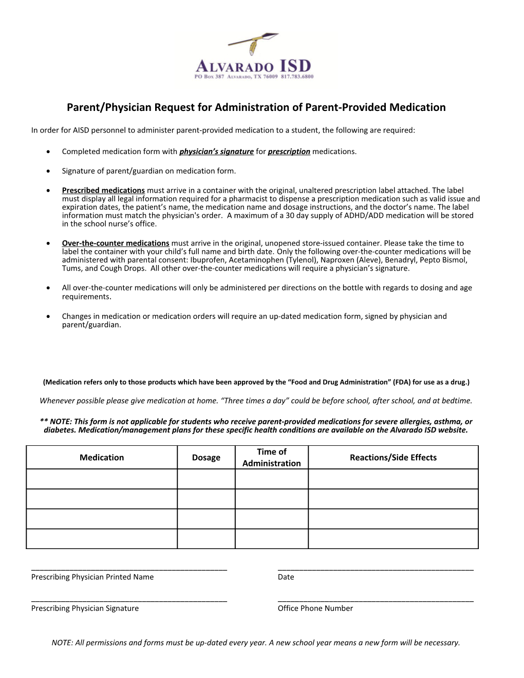 Parent/Physician Request for Administration of Parent-Provided Medication