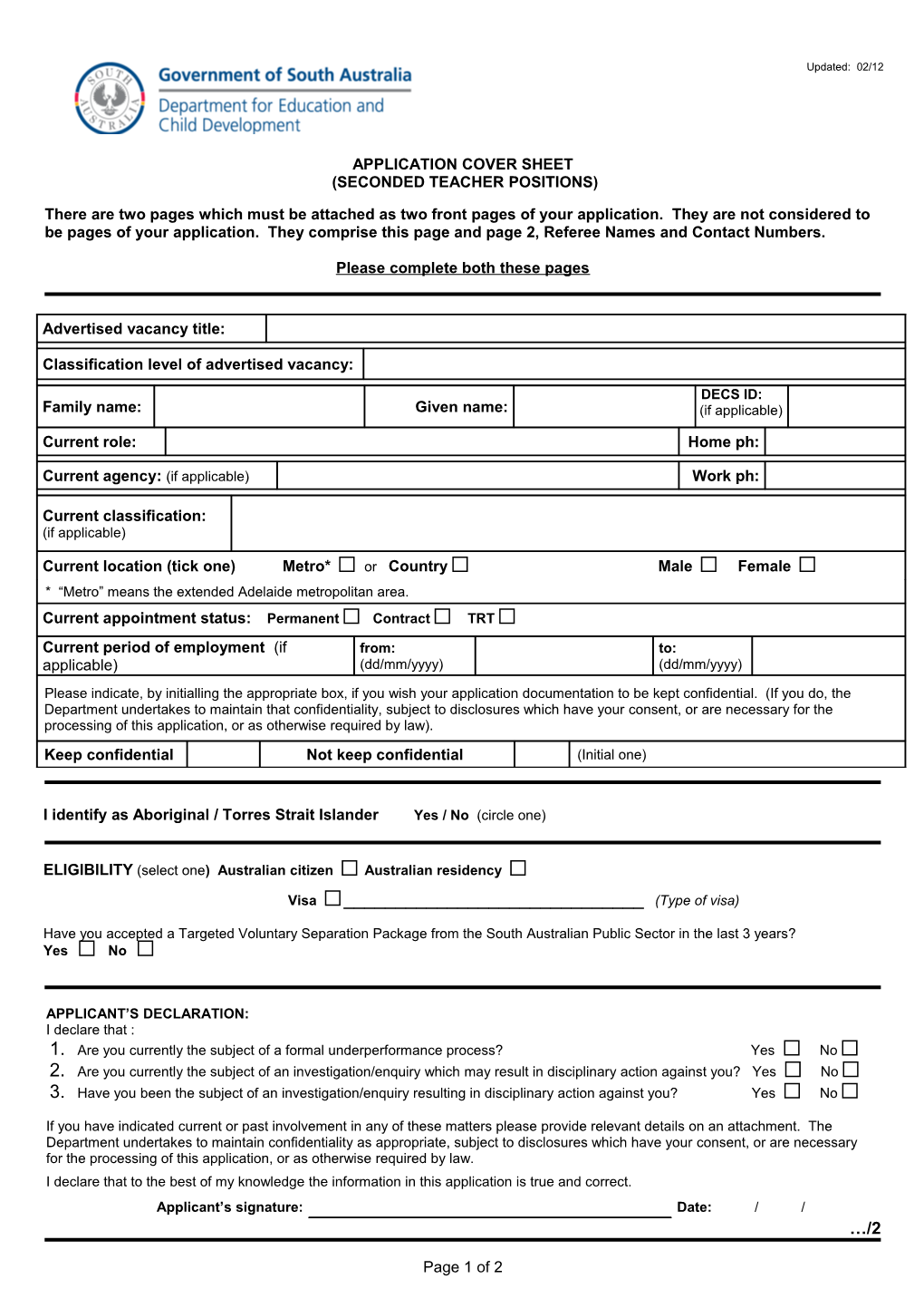 Application Cover Sheet Seconded Teacher