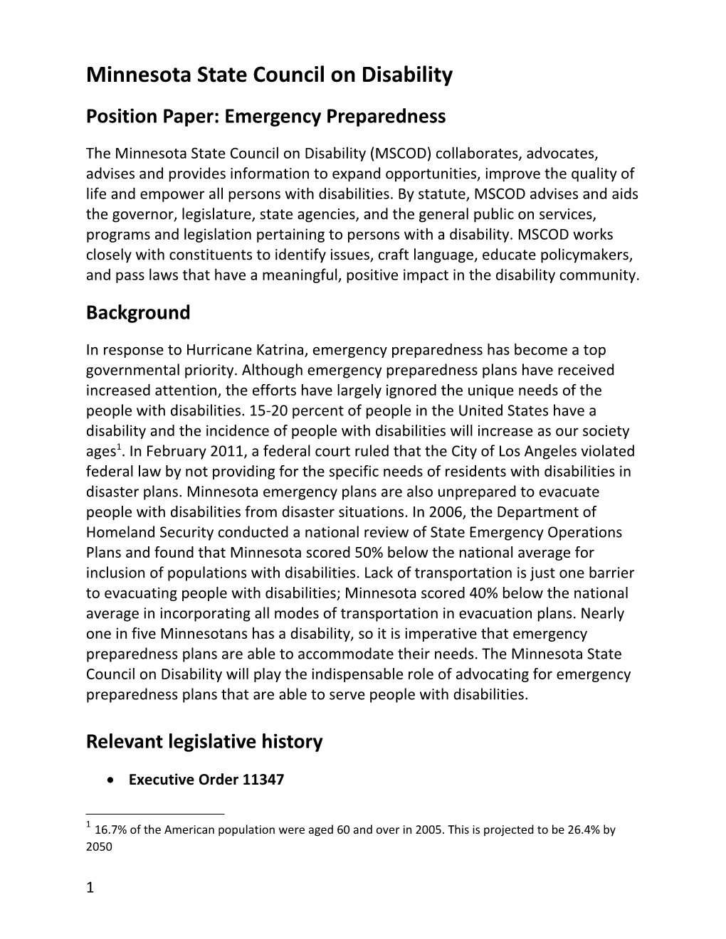 Position Paper: Emergency Preparedness - Mar. 20, 2010
