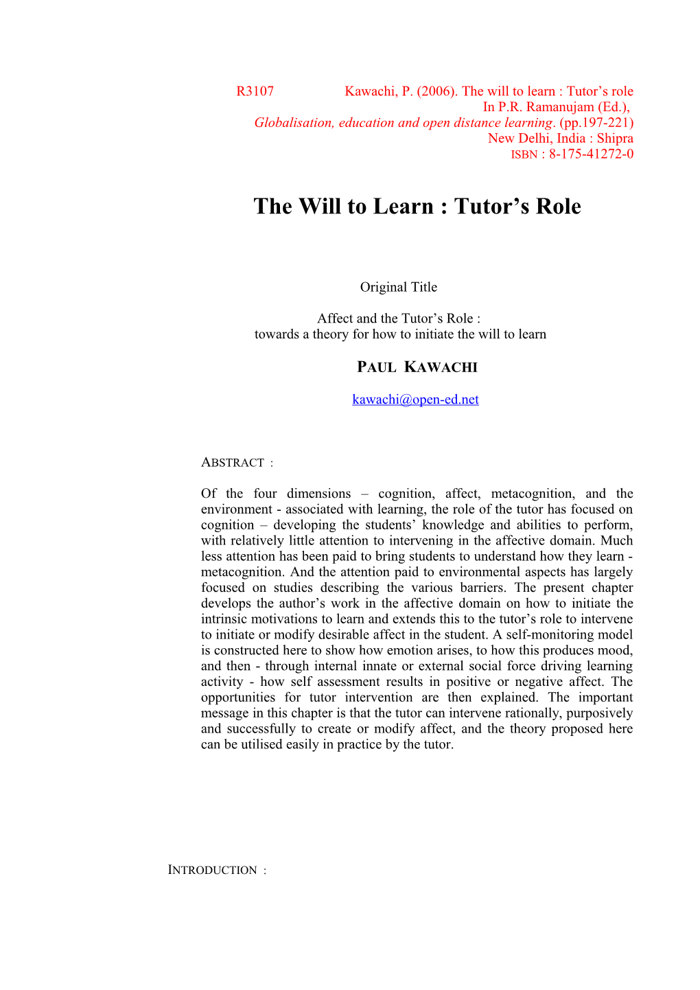 R3107 Kawachi, P. (2006). the Will to Learn : Tutor S Role