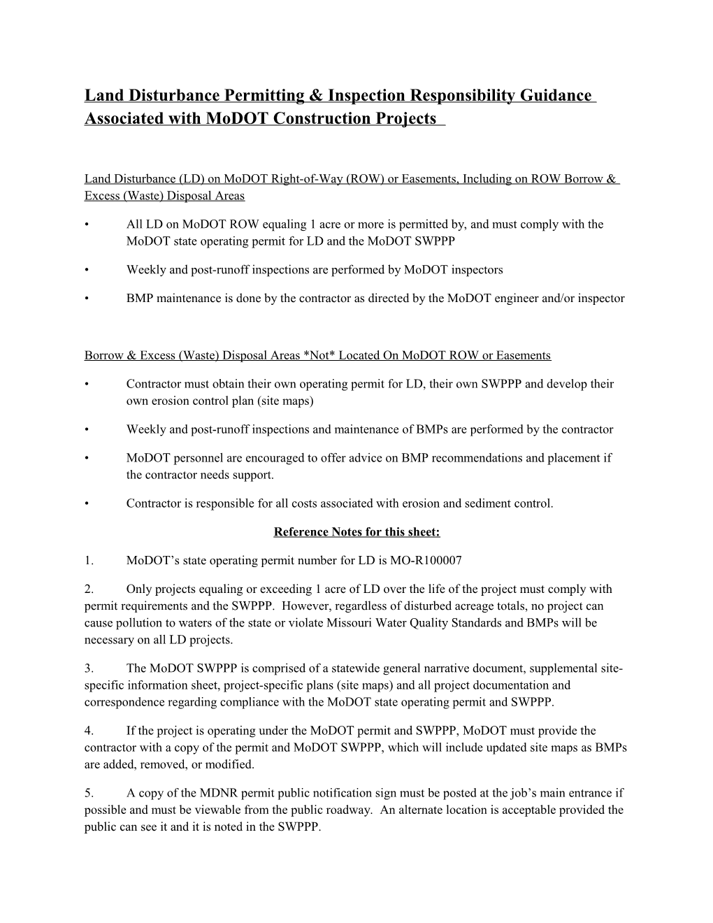 Land Disturbance Permitting & Inspection Responsibility Guidance Associated with Modot