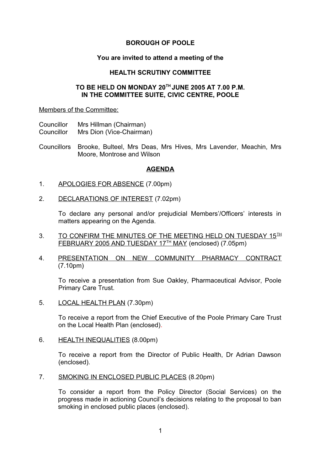 Agenda - Health Scrutiny Committee - 20 June 2005