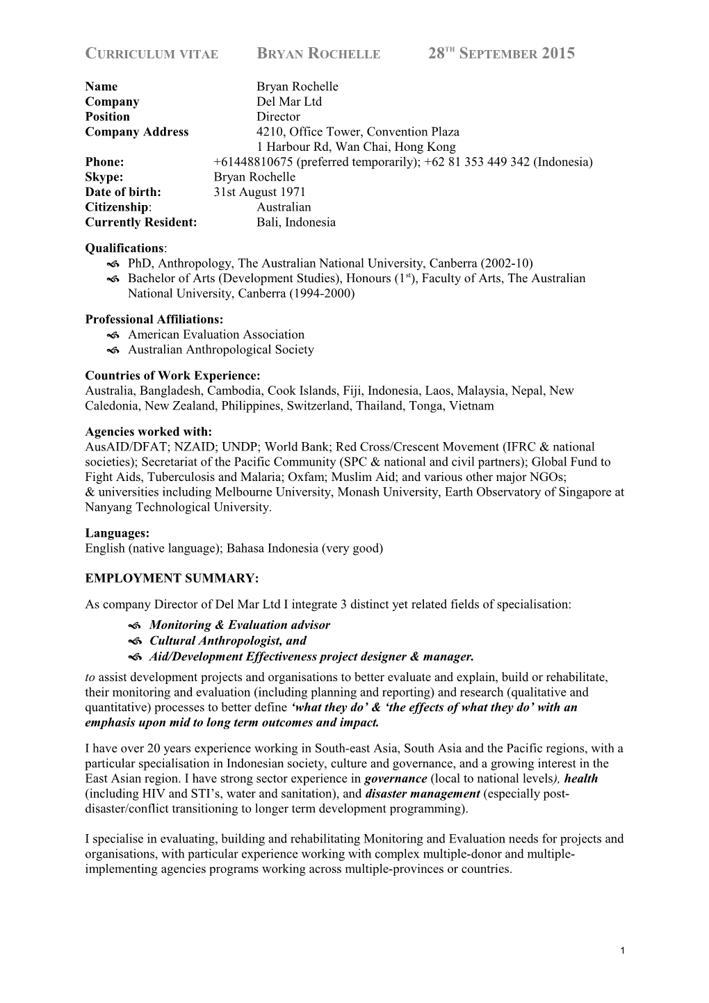 Form Tech-6 Curriculum Vitae (Cv) for Proposed International Or National Experts