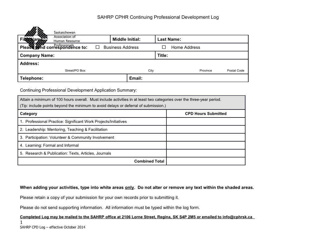 SAHRP CPHR Continuing Professional Development Log