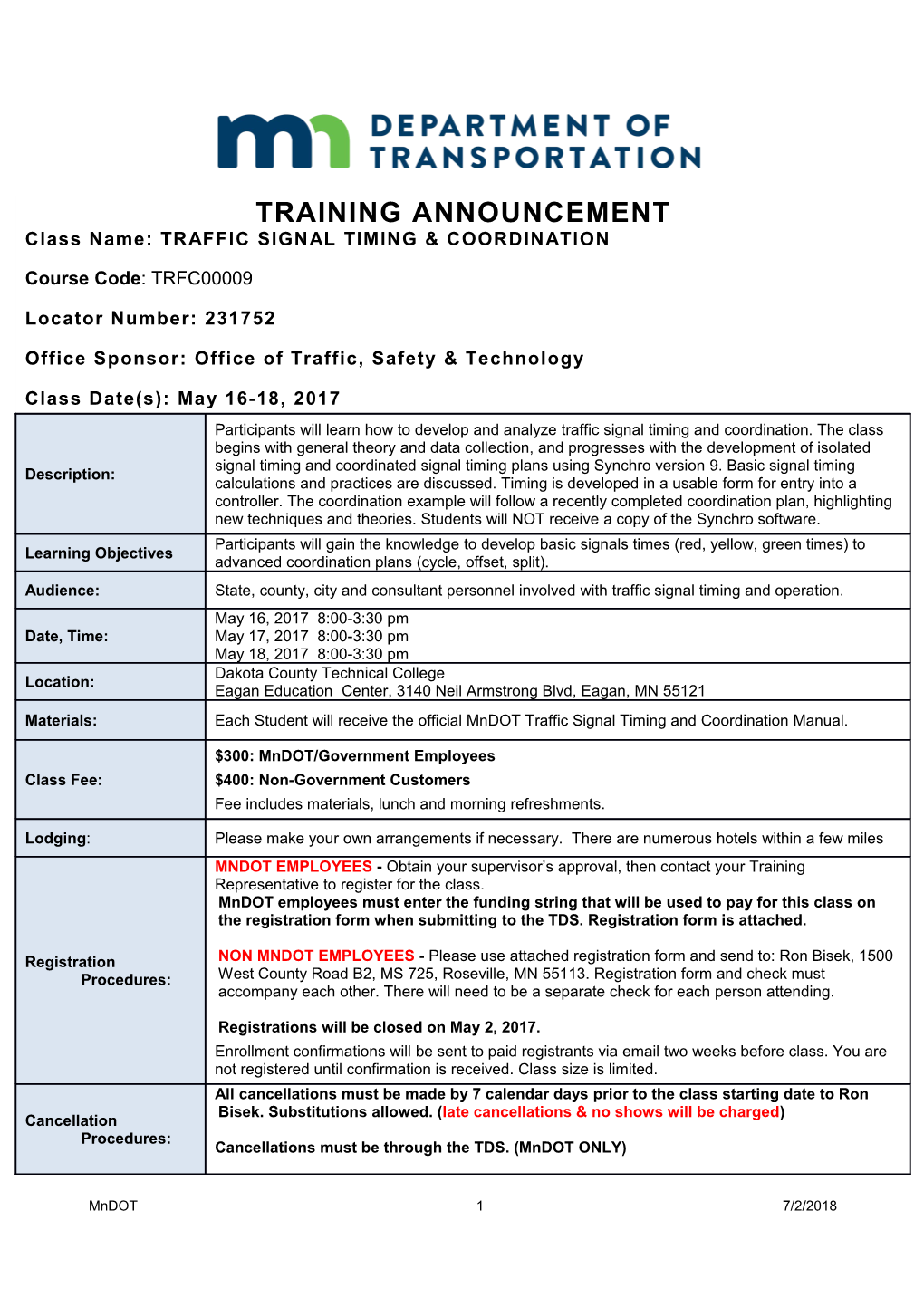 Class Name: TRAFFIC SIGNAL TIMING & COORDINATION