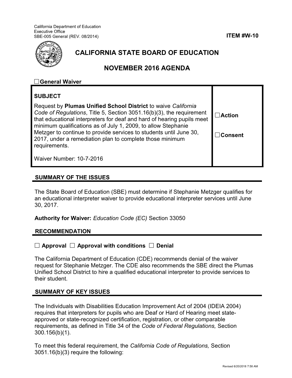 November 2016 Waiver Item W-10 - Meeting Agendas (CA State Board of Education)