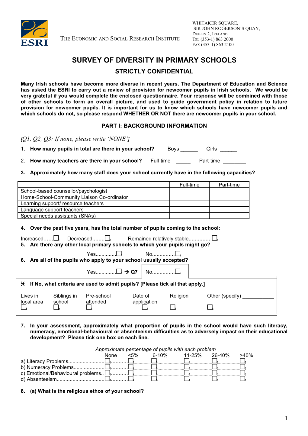 Survey of Diversity in Primary Schools