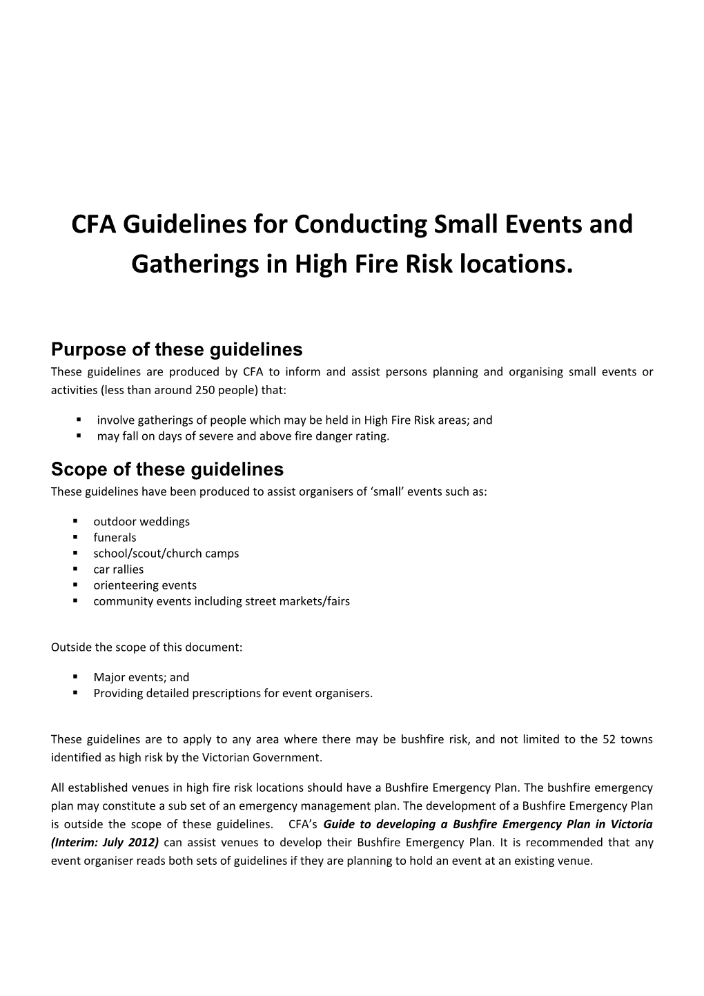 CFA Guidelines for Conducting Small Events and Gatherings in High Fire Risk Locations