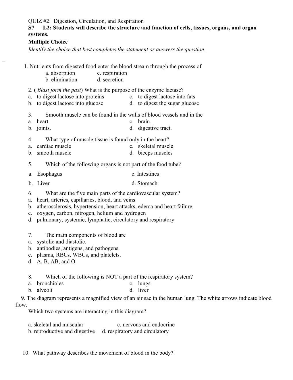 QUIZ #2: Digestion, Circulation, and Respiration