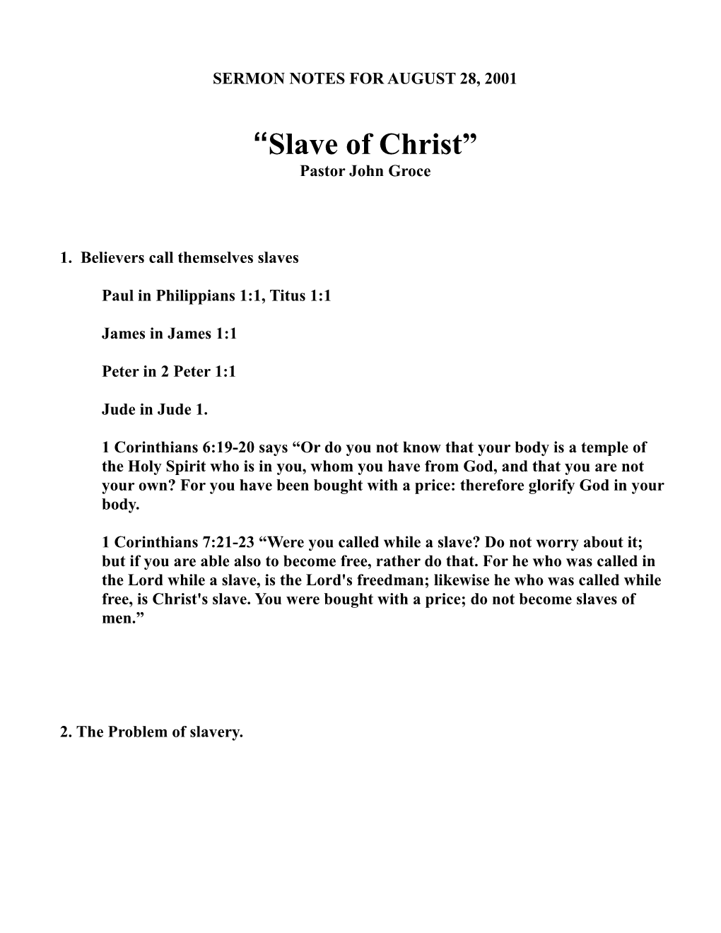Sermon Notes for August 7, 2001