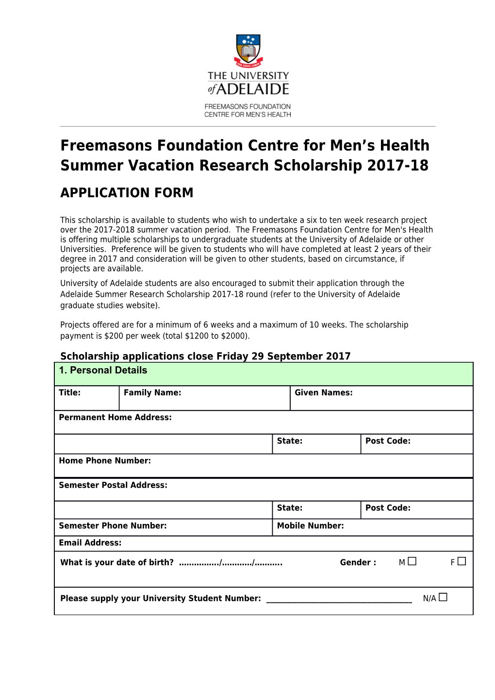 Freemasons Foundation Centre for Men S Health Summer Vacation Research Scholarship 2017-18