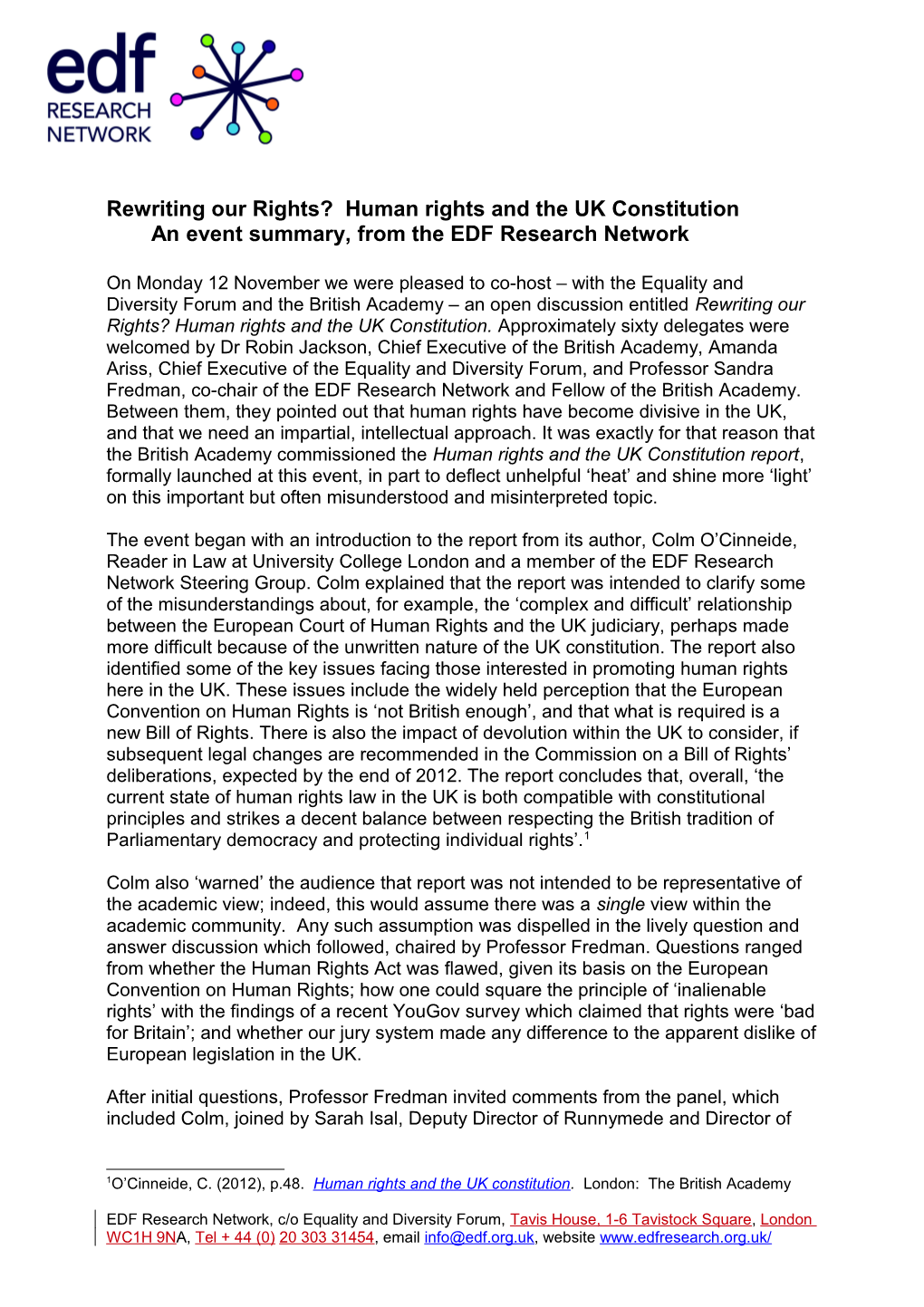 Rewriting Our Rights? Human Rights and the UK Constitutionan Event Summary, from the EDF