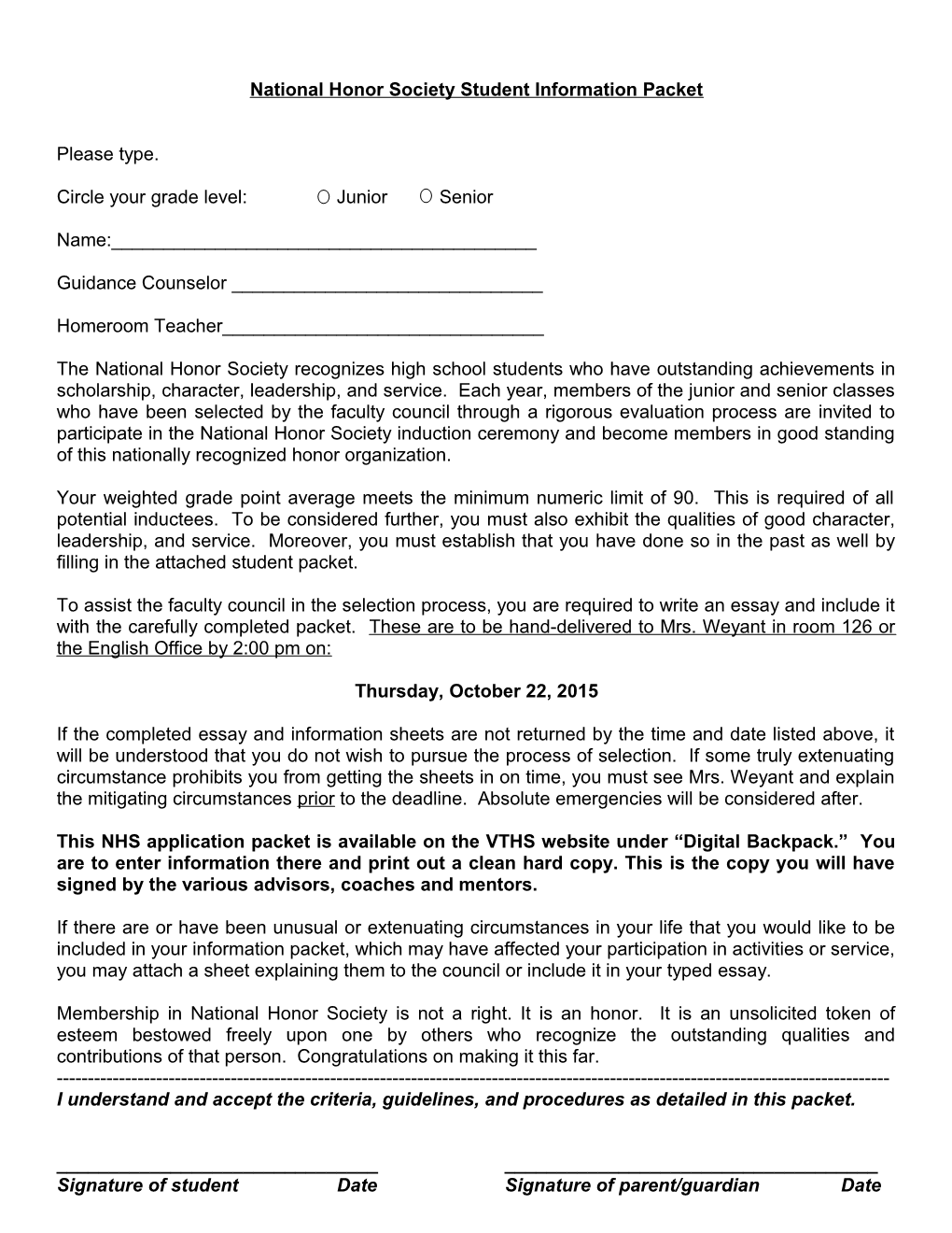 National Honor Society Student Information Packet