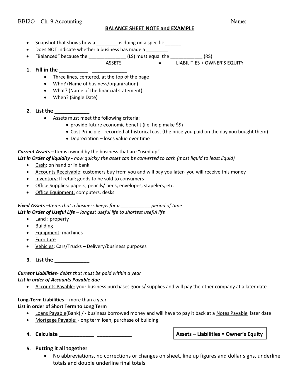 BALANCE SHEET NOTE and EXAMPLE