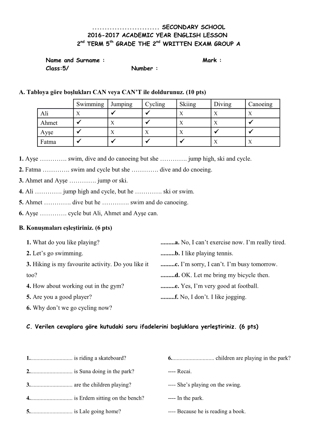 2016-2017 Academic Year English Lesson