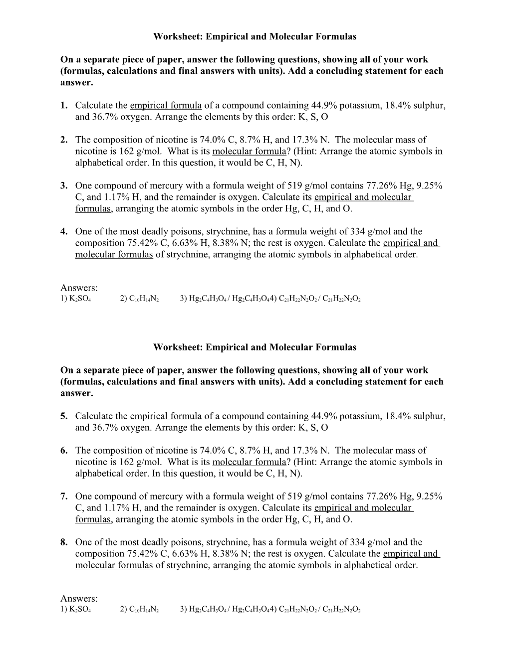 Worksheet: Empirical and Molecular Formulas