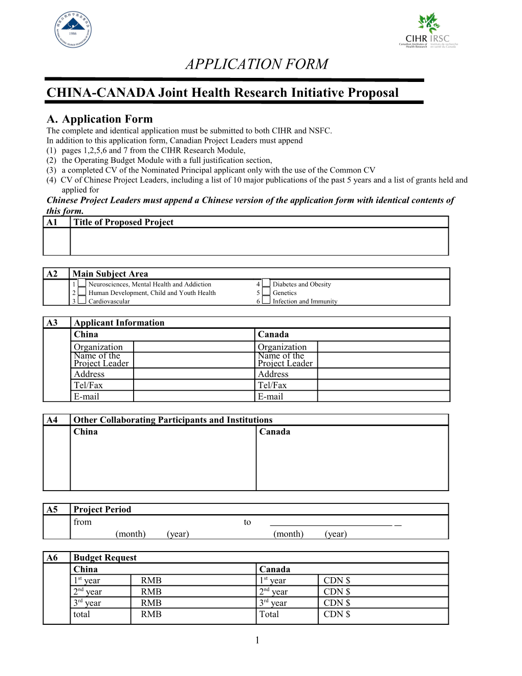 CHINA-CANADA Joint Health Researchinitiative Proposal