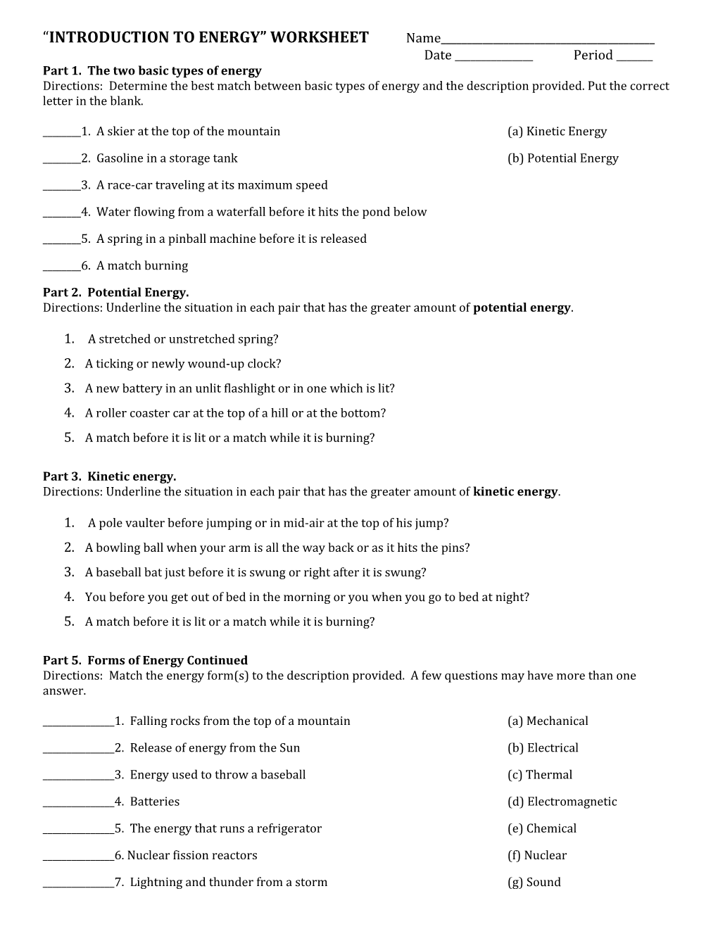 Introduction to Energy Worksheet