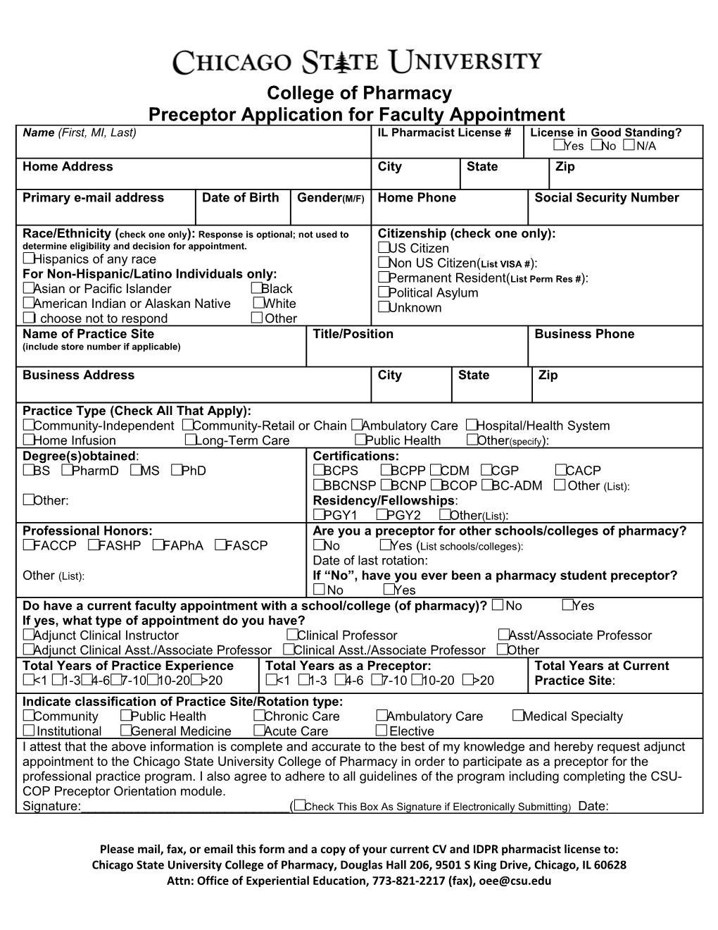 Preceptor Application for Faculty Appointment