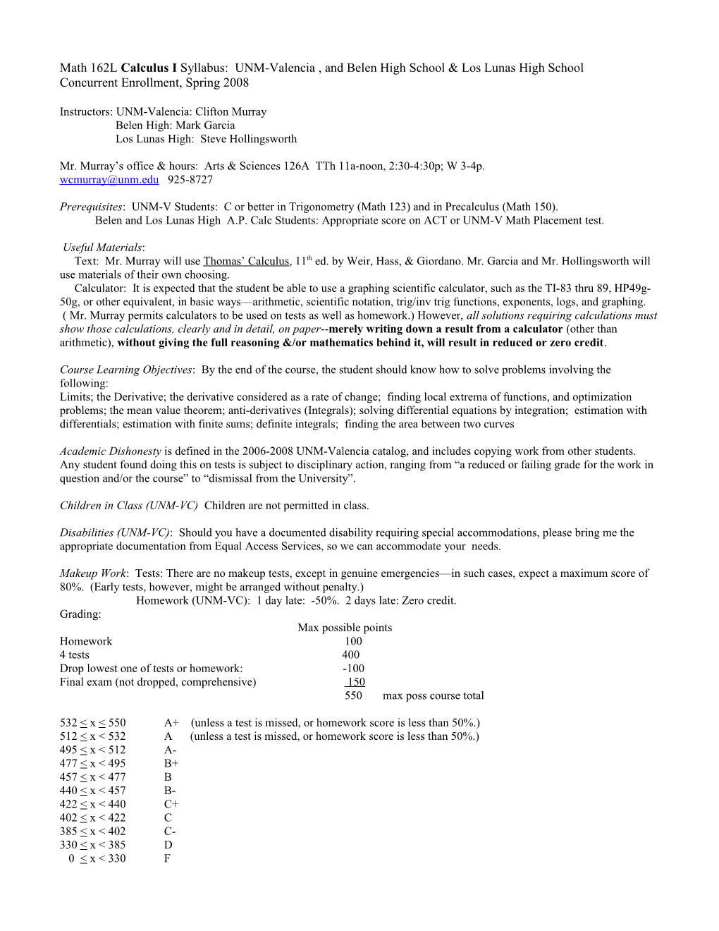 Math 181 Elements of Calculus II Syllabus