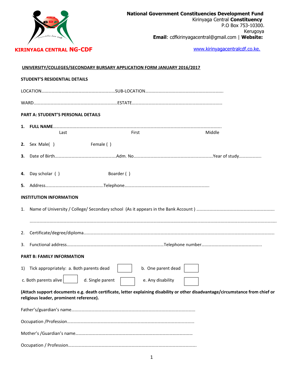 University/Colleges/Secondary Bursary Application Form January 2016/2017