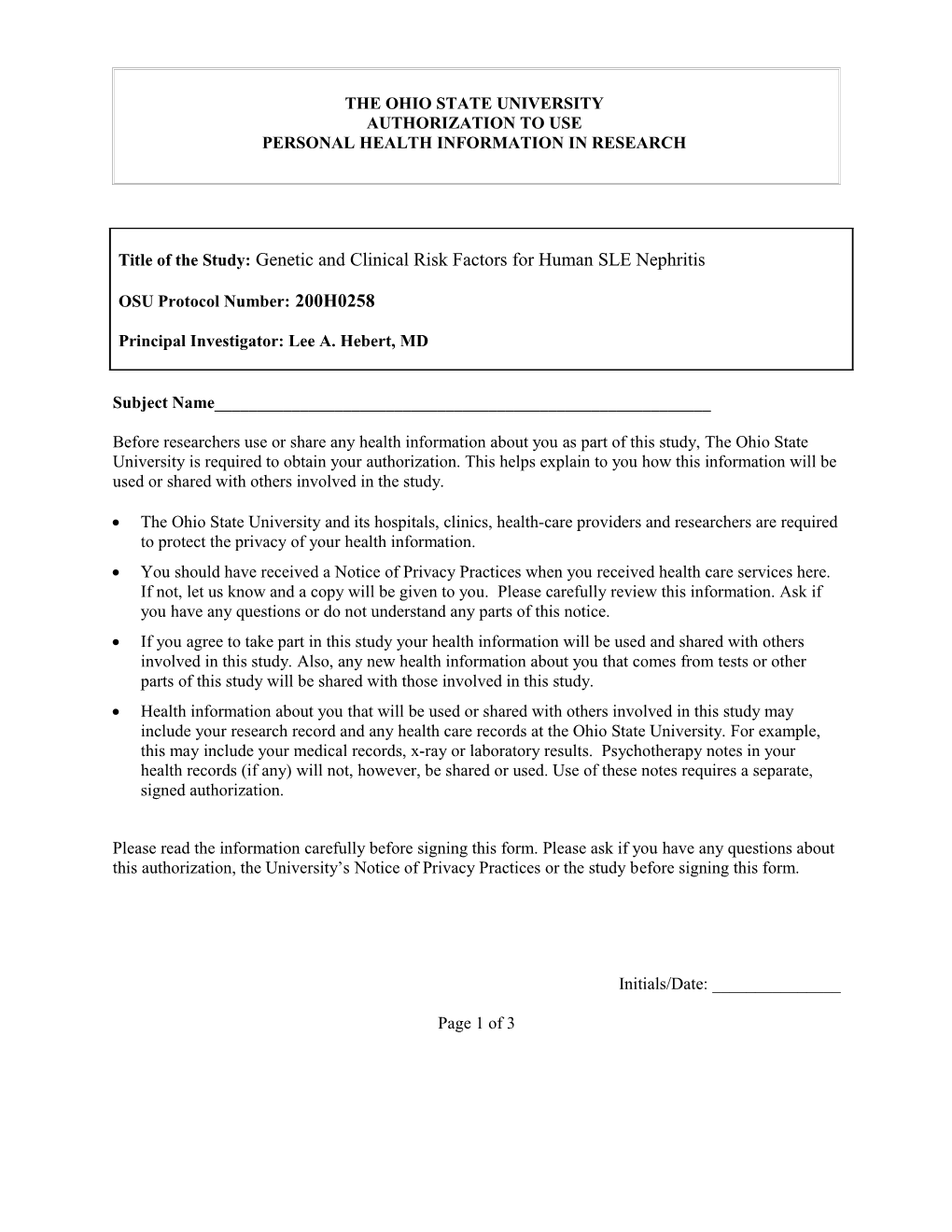 HIPAA Research Authorization Form