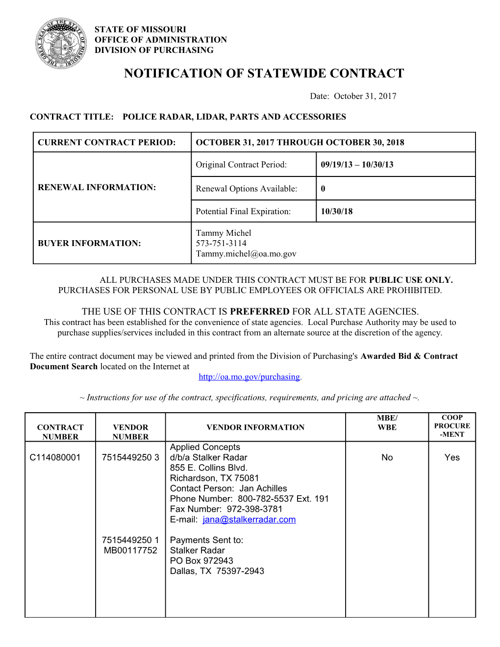 Contract Title: Police Radar, Lidar, Parts and Accessories