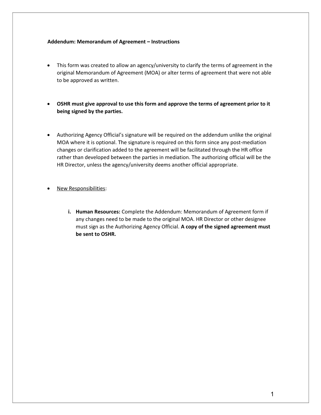 Addendum: Memorandum of Agreement Instructions