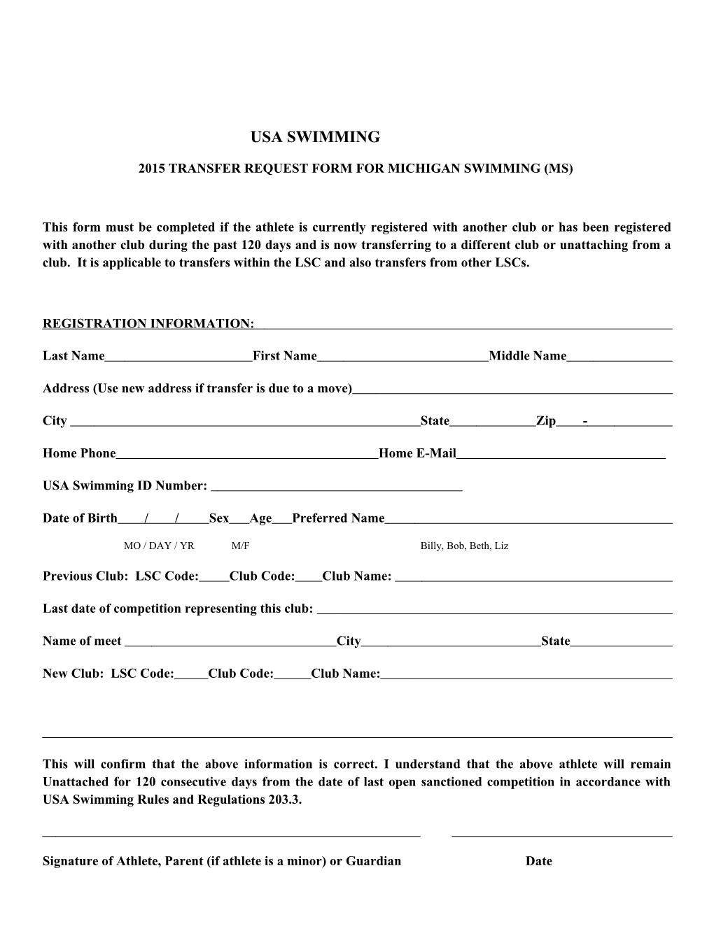 2015Transfer Request Form for Michigan Swimming (Ms)